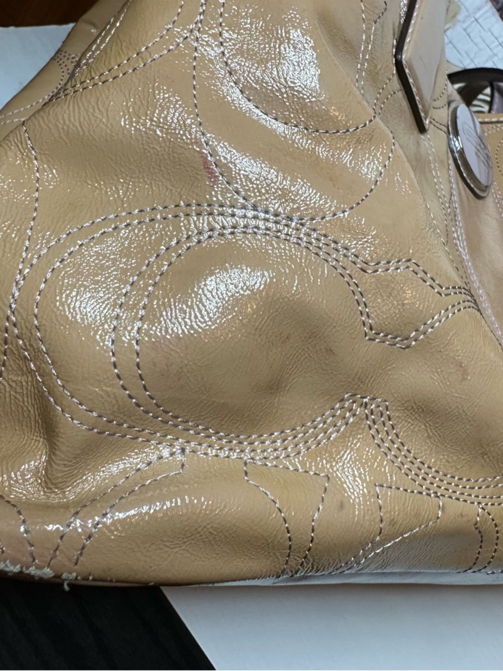 Coach Beige Patent Leather Tote with Signature Stitching - Picture 11 of 16